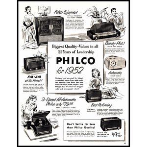 1952 Philco Radio Stereo Record Player Vintage Print Ad Midcentury Wall Art